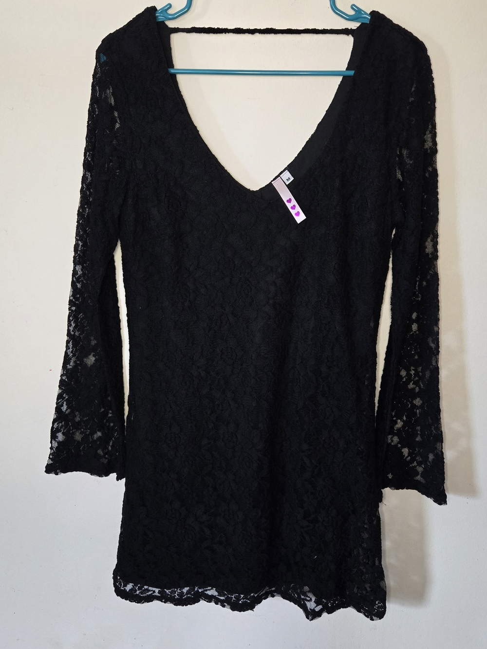 Whimsygoth Dark Romantic Witchy Lace Dress Bell Sleeve Cotton Blend Feminine SzM - Picture 2 of 11